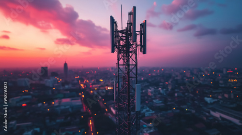 Wieża antenowa 5G, która jest centralnym punktem globalnej infrastruktury komunikacyjnej. Wieża reprezentuje nowoczesne technologie, które oferują najszybsze niezawodne połączenia internetowe.