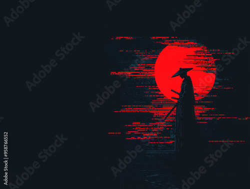 Silhouette of a samurai warrior standing in front of a red sun with a glitch effect.