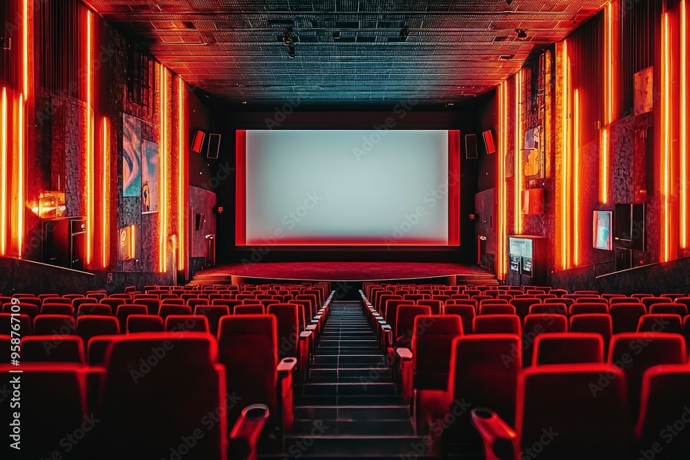 Fototapeta premium Empty Movie Theater Seats and Screen with Red Lighting