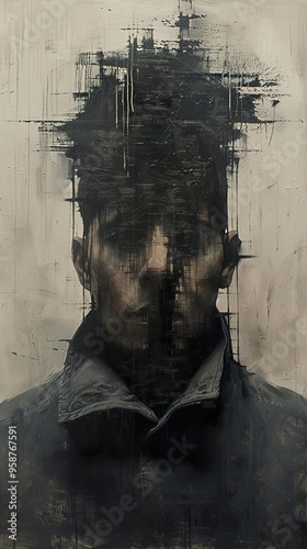 Abstract portrait of a man with a distorted face, creating a sense of confusion and disorientation.