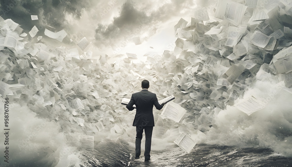 Businessman Navigating a Storm of Paperwork Businessman Navigating a Storm of Paperwork