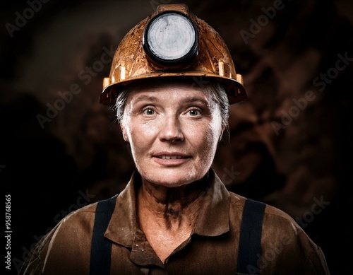 Miner woman portrait in a coal mine engaged in extraction of coal underground, working in difficult conditions, coal dust stained face underground female worker with a lamp on helmet. photo