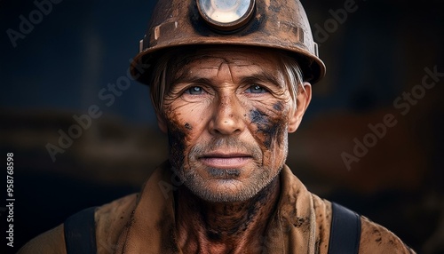 Miner portrait in a mine engaged in extraction of coal underground, working in difficult conditions, coal dust stained face underground worker with a lamp on helmet.