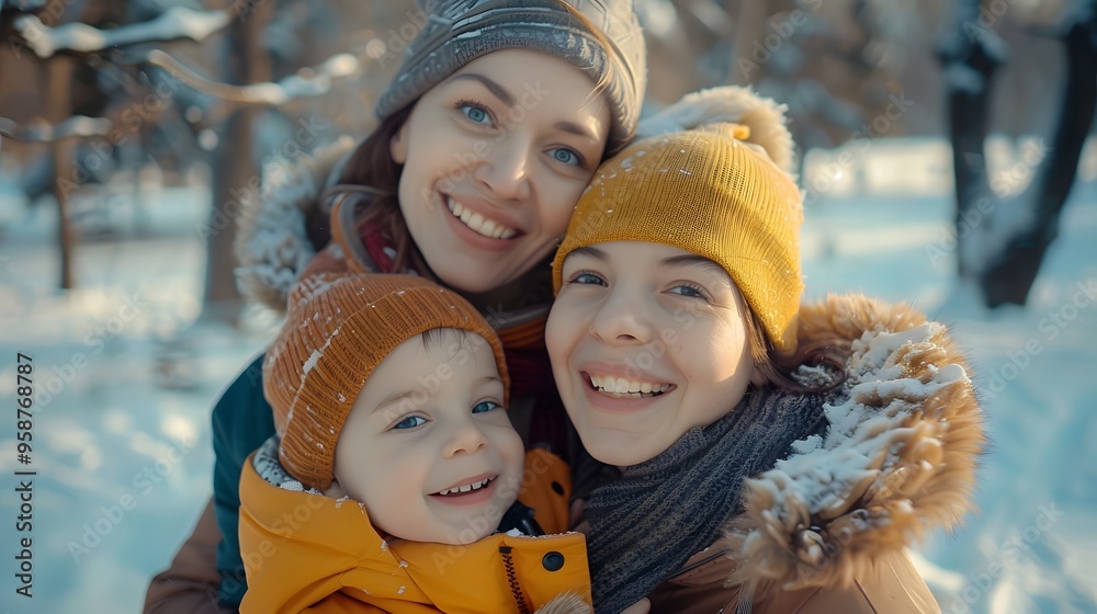Happy mother and two children family at ski resort in winter time with snow mountain background Happy mother and two children family at ski resort in winter time with snow mountain background