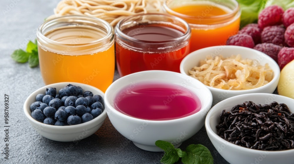 A table with bowls of fruit and vegetables, some in cups, AI A table with bowls of fruit and vegetables, some in cups, AI