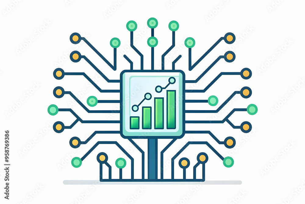 Smart Business: Flat AI Circuit Board with Investment Growth Icon, Vector Illustration Symbolizing AI Growth Potential in Cost Management, Isolated on White Background Smart Business: Flat AI Circuit Board with Investment Growth Icon, Vector Illustration Symbolizing AI Growth Potential in Cost Management, Isolated on White Background