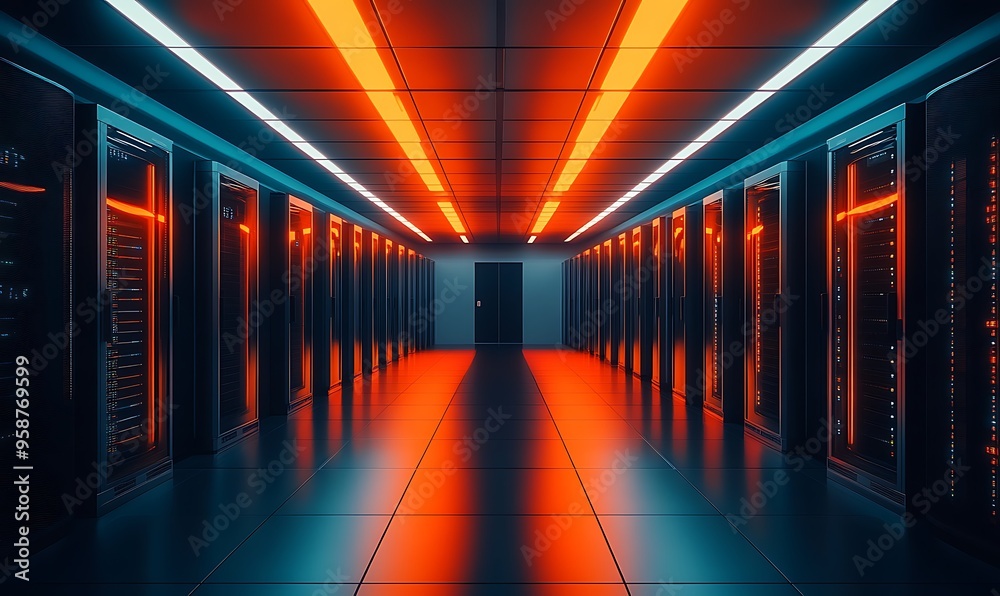 Fototapeta premium Server Room Interior with Red and White Lights