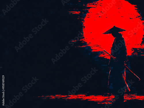 Silhouette of a samurai with a katana standing against a glowing red sun, with a digital glitch effect.