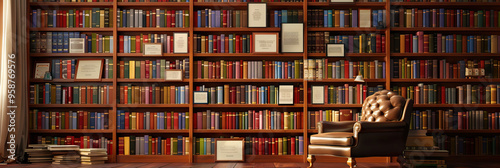 Bookshelf Brigade: A towering wall of textbooks, framed diplomas, and a classic leather armchair. photo