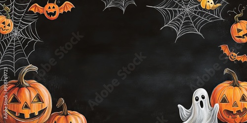 A chalkboard halloween background with Halloween decorations like pumpkins, ghosts, and spider webs, with copy space for text , banner card or wallpaper photo