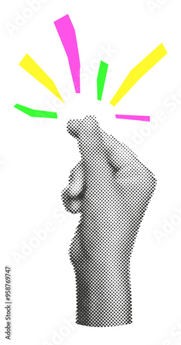 Halftone hand making finger snap gesture with colorful cut out lines radiating outward paper sticker, symbolizing emphasis, idea, it's easy. Modern retro vector illustration on transparent background