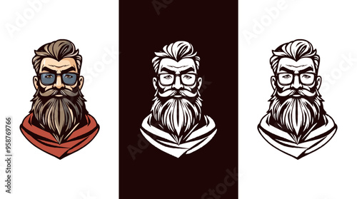 Beard men face vector mascot illustration. Hair style barber shop logo. Editable men logo concept. long beard gentleman vintage artwork