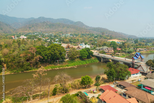 View city in the valley with rivers and people houses Tha Ton Temple Chiang Mai province Thailand photo