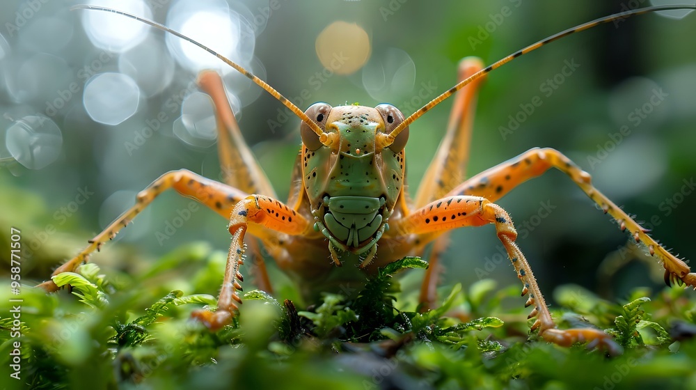 Fototapeta premium A close-up of a grasshopper perched on green moss in a forest, with soft light filtering through the background. Ideal for wildlife, nature, and macro photography themes.
