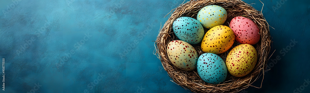 “Colorful Easter Eggs in a Basket on a Blue Background, Celebrating the Joy and Tradition of Easter, Vibrant and Festive Springtime Decoration Symbolizing Renewal, Hope, and New Beginnings in a Cheerf “Colorful Easter Eggs in a Basket on a Blue Background, Celebrating the Joy and Tradition of Easter, Vibrant and Festive Springtime Decoration Symbolizing Renewal, Hope, and New Beginnings in a Cheerf