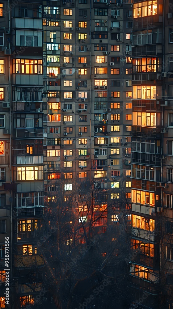 A nighttime city scene featuring a densely populated residential building with glowing windows, capturing the essence of urban life. Perfect for architecture, urban living, or cityscape projects. A nighttime city scene featuring a densely populated residential building with glowing windows, capturing the essence of urban life. Perfect for architecture, urban living, or cityscape projects.