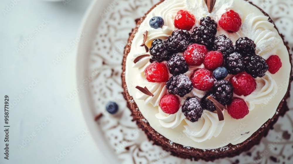 Close-up of a chocolate cake topped with whipped cream, raspberries, blackberries, blueberries, and chocolate curls. Close-up of a chocolate cake topped with whipped cream, raspberries, blackberries, blueberries, and chocolate curls.