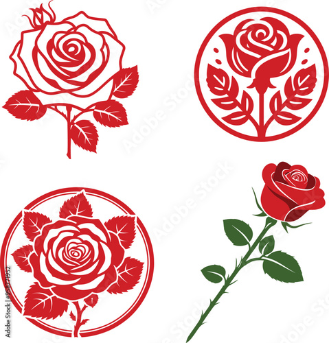 Set of red roses  Flower icons set isolated on white background.
