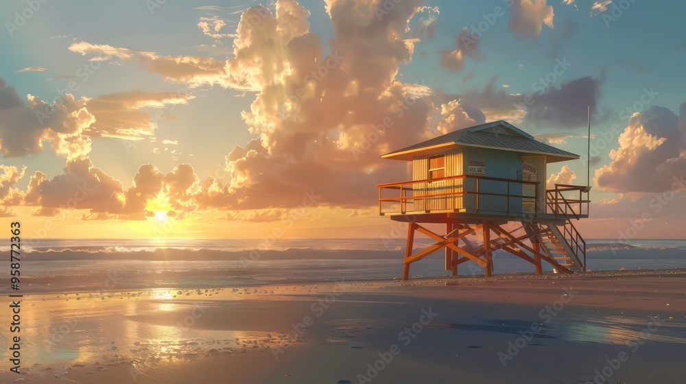 A lone lifeguard stand on a sandy beach at sunset. A lone lifeguard stand on a sandy beach at sunset.