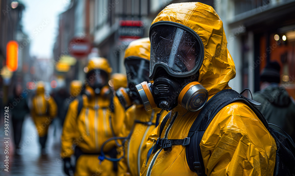 A group of people in yellow protective gear stand on a wet street. The scene is somewhat ominous, as the people are wearing masks and appear to be in a hazardous situation A group of people in yellow protective gear stand on a wet street. The scene is somewhat ominous, as the people are wearing masks and appear to be in a hazardous situation