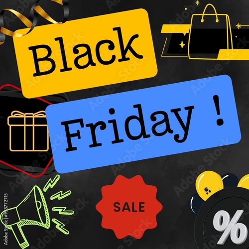 Black Friday sale image with colorful banners, shopping icons, gifts, and discount symbols.