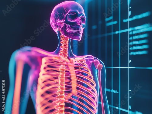 Medical chart with neonhighlighted skeletal structure, 3D illustration photo