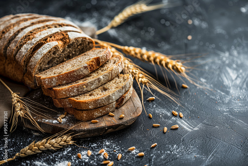 Whole-grain bread on a wooden board.