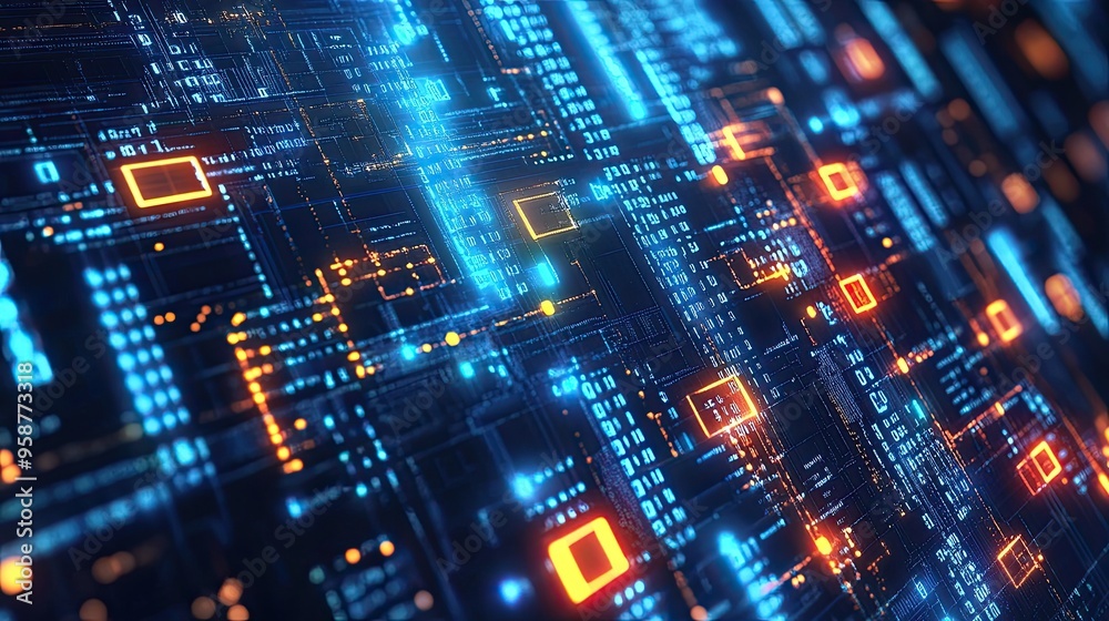A dynamic background of binary code and digital circuits, perfect for representing high-tech operations and data processing A dynamic background of binary code and digital circuits, perfect for representing high-tech operations and data processing