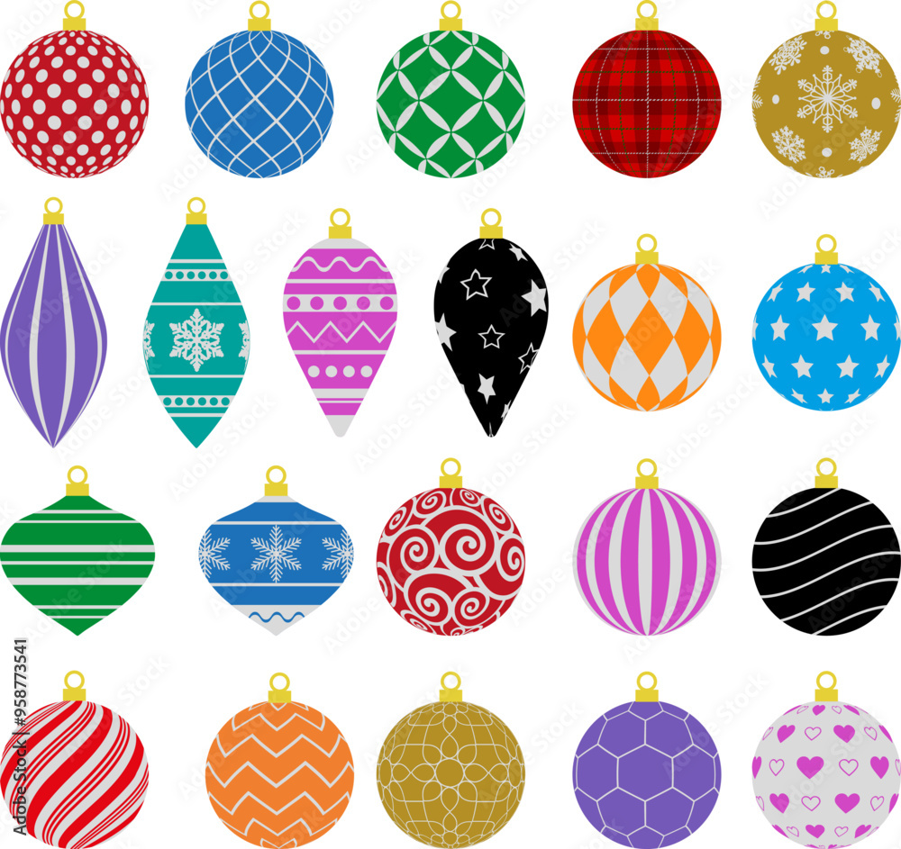 set of flat christmas balls. collection of christmas baubles with decorations set of flat christmas balls. collection of christmas baubles with decorations