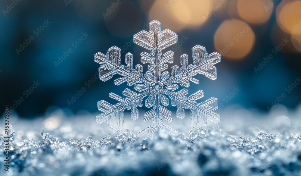 A snowflake is sitting on top of a snow covered ground. The snowflake is very clear and has a very sharp point