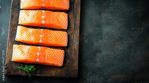 Fresh Salmon Filets on Wooden Cutting Board photo