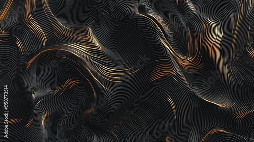 The design features an abstract black background with waves of golden threads. photo