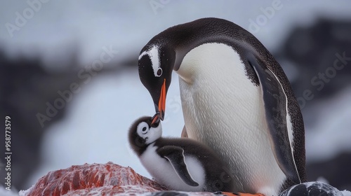 Gentoo penguin in Antarctica tending to his youngling photo