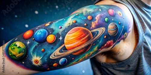 Vibrant, intricate tattoo of the solar system on a toned arm, featuring colorful planets, stars, and swirling galaxies, photo