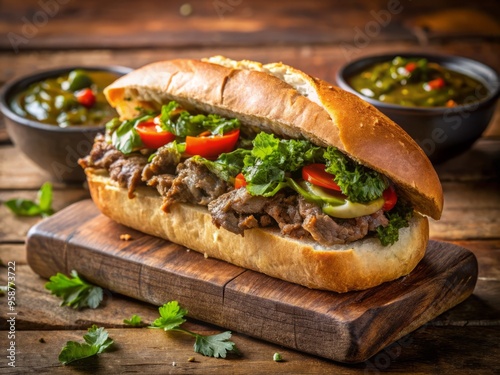 Vibrant Italian street food scene featuring a mouthwatering coglione, a traditional Florentine-style sandwich, filled photo