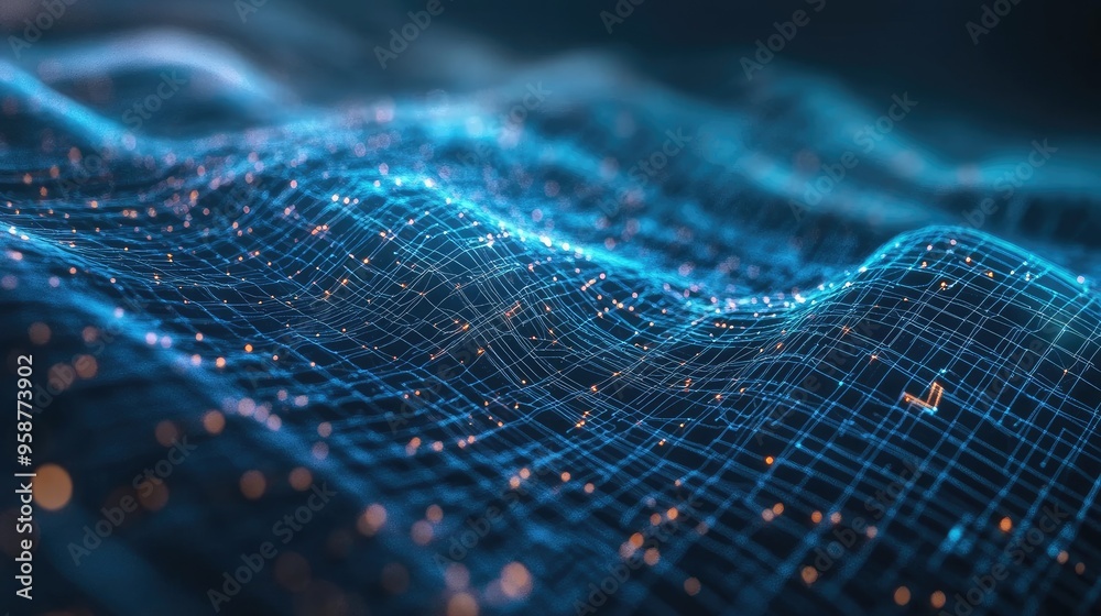 A futuristic digital grid with flowing data lines, representing technological operations, AI, and data transmission A futuristic digital grid with flowing data lines, representing technological operations, AI, and data transmission