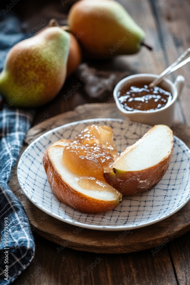 Fresh homemade pear jam on breakfast bread with pear fruit