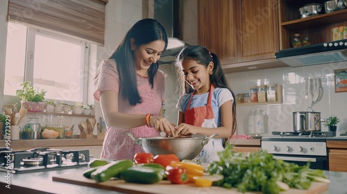 Cooking food at the kitchen of a young Indian mother and daughter