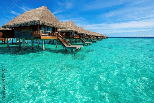 Stunning overwater bungalows with thatched roofs situated above a pristine turquoise lagoon, creating a perfect tropical paradise under the clear blue sky.