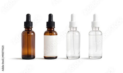 Blank transparent and amber glass dropper bottle mockup, front view