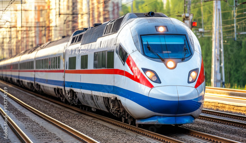 A train is traveling down the tracks with a red stripe on the side. The train is long and sleek, and it is moving quickly. Concept of speed and efficiency