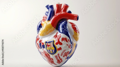 A highly detailed porcelain human heart in the vibrant colors of Football Club, complete with the club's logo on a white background