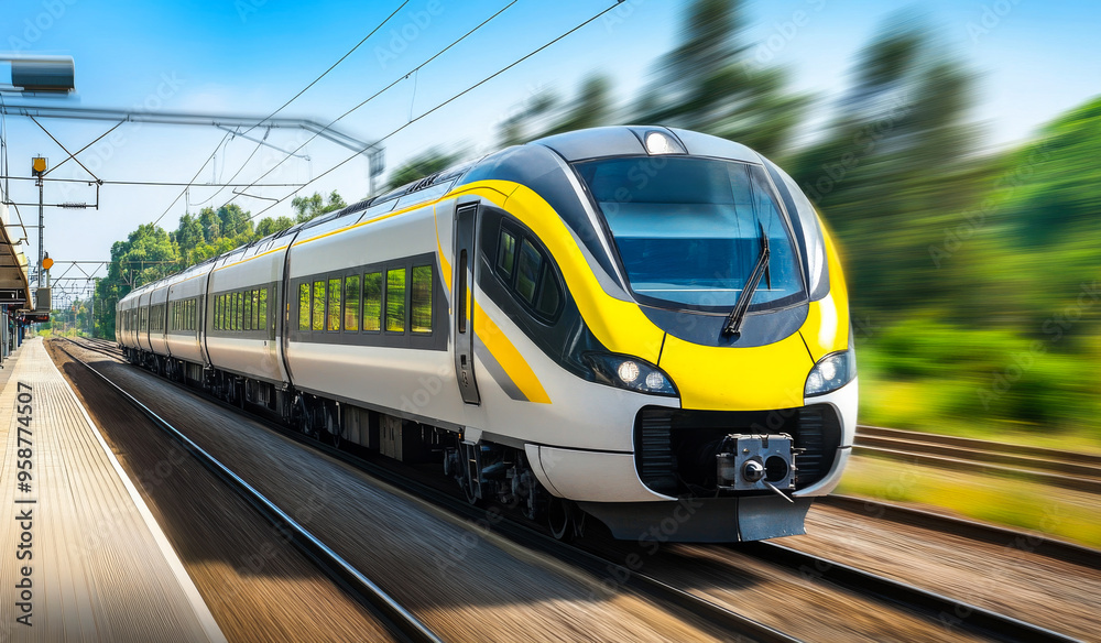 A train is moving down the tracks with a yellow stripe on the side. The train is long and has many windows A train is moving down the tracks with a yellow stripe on the side. The train is long and has many windows