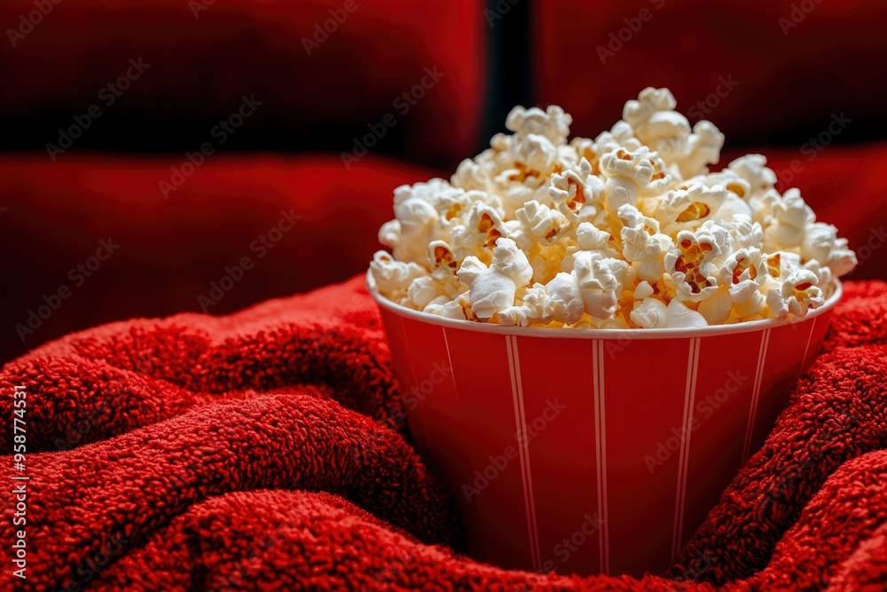 Red Striped Popcorn Bucket on a Red Plush Surface Red Striped Popcorn Bucket on a Red Plush Surface