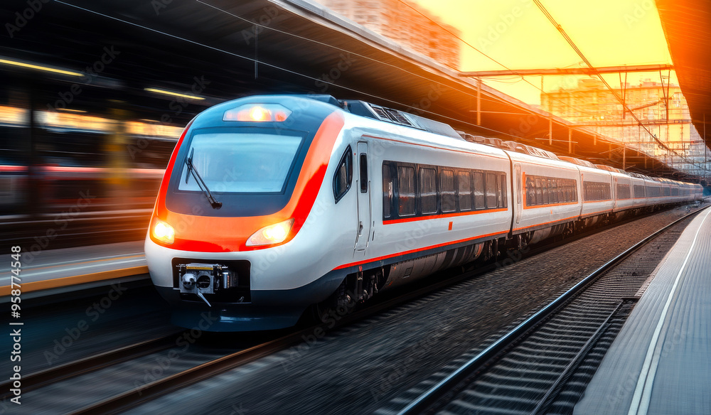 A train is moving down the tracks with the sun shining on it. The train is white and red A train is moving down the tracks with the sun shining on it. The train is white and red
