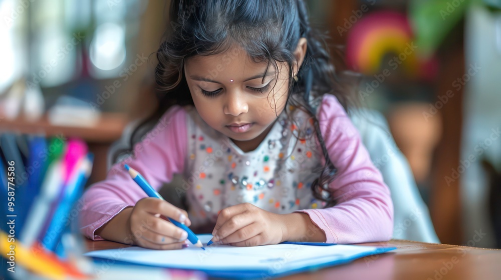 A young girl sits at a table, focused on coloring with a blue crayon. A young girl sits at a table, focused on coloring with a blue crayon.