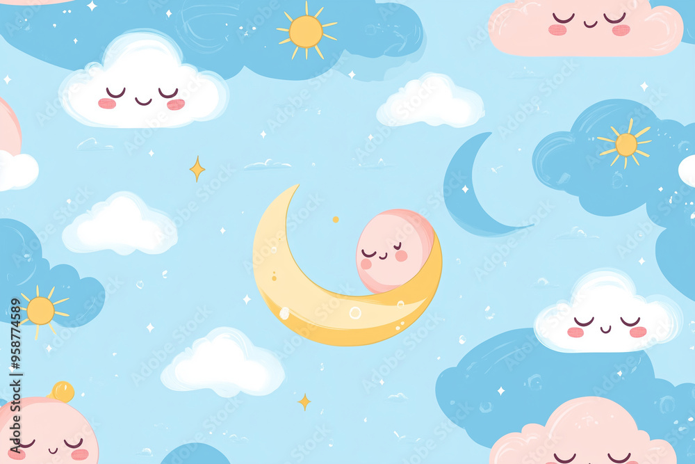 The seamless photo of cute cartoon in the heart shape and clouds sky with the moon for wallpaper background 