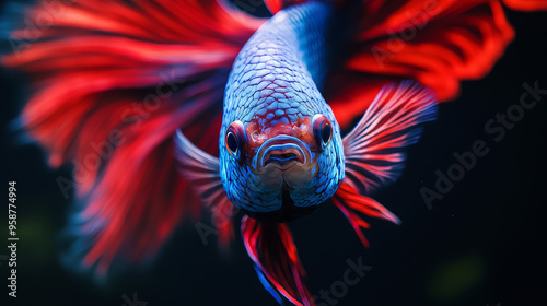 Stunning Close-Up of a Vibrant Betta Fish Showcasing Its Majestic Fins and Colors photo