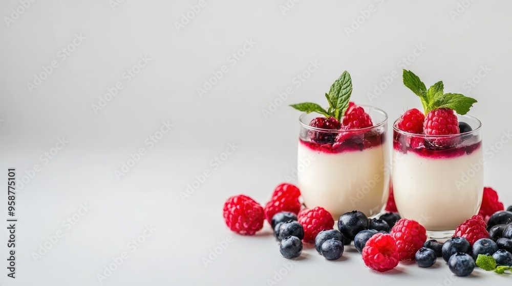 Two glasses of creamy panna cotta dessert topped with fresh raspberries and blueberries and a sprig of mint, with scattered berries in the foreground against a plain white background. Two glasses of creamy panna cotta dessert topped with fresh raspberries and blueberries and a sprig of mint, with scattered berries in the foreground against a plain white background.