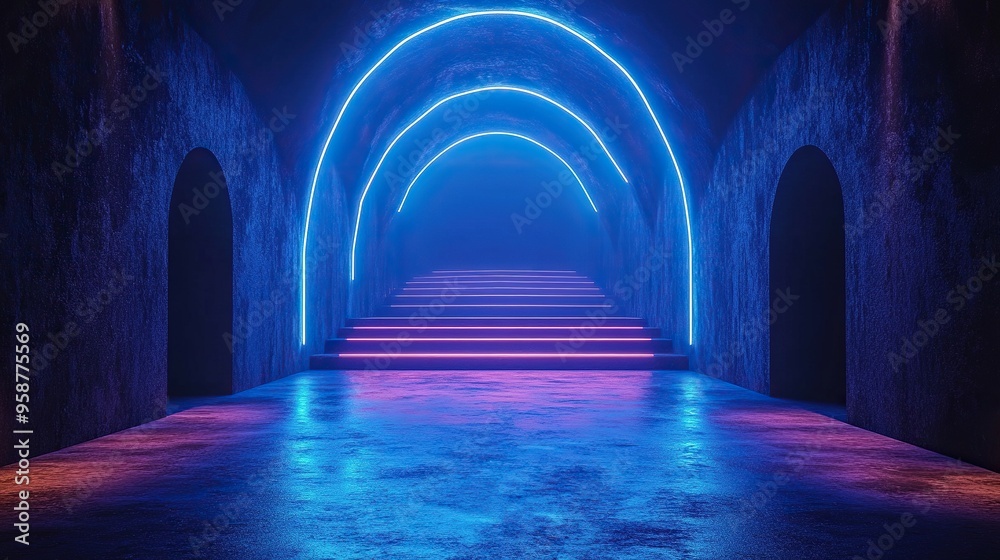 Fototapeta premium abstract backgroun with re blue laser rays bright projector shining on the dark empty stage neon light